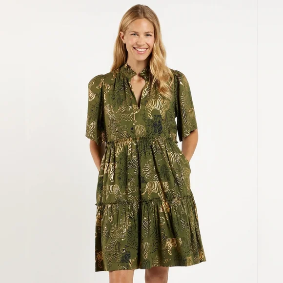 NWT Jude Connally Shirley Dress Cotton Voile Tiered Olive Mini Dress Size M - Picture 2 of 14